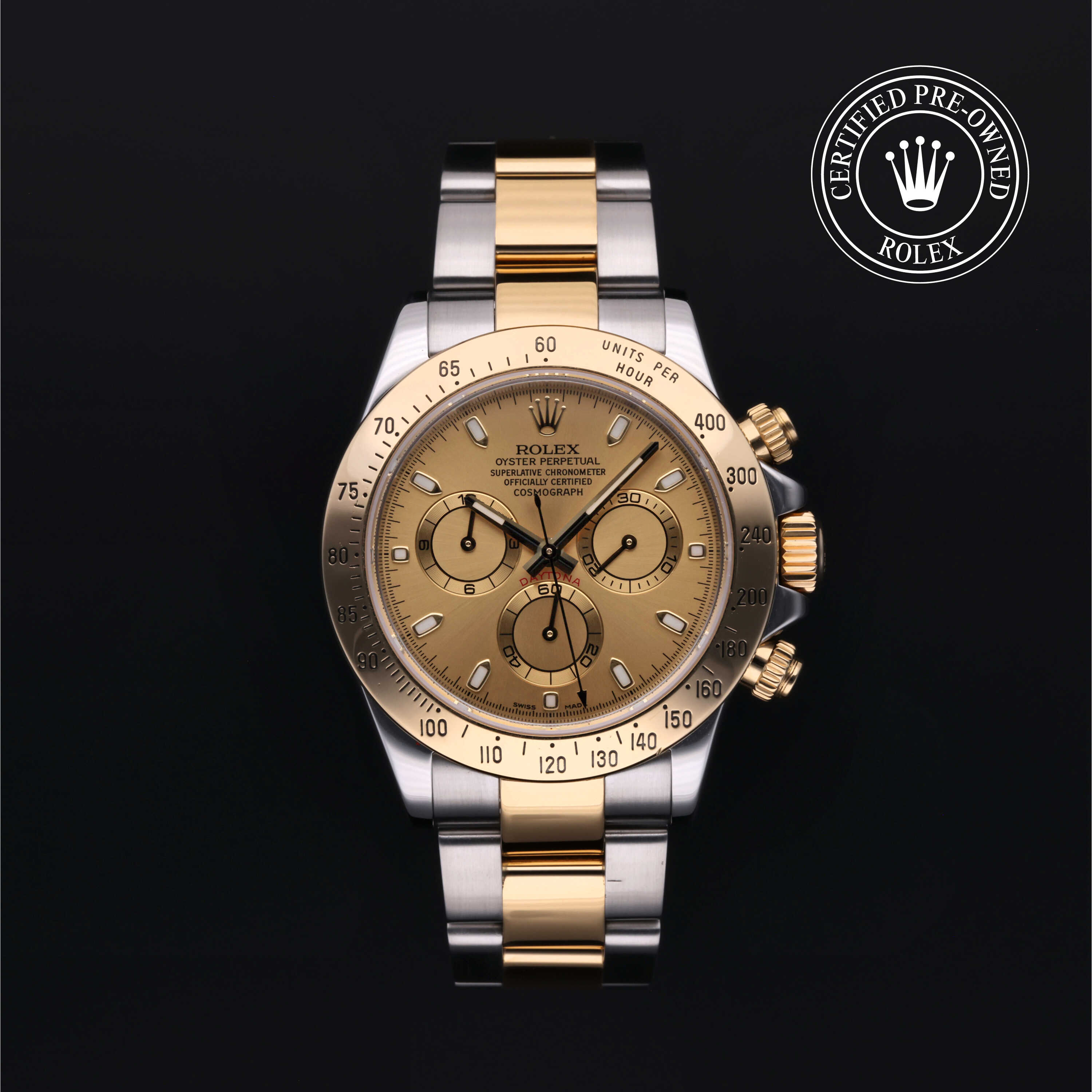 Rolex Certified Pre Owned Oyster Perpetual Cosmograph Daytona 40mm in Oystersteel and yellow gold M116523 0042 Bhindi Jewelers